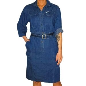 Vintage Ideas Belted Long Sleeve Button-Up Cotton Midi Dress Size Medium…